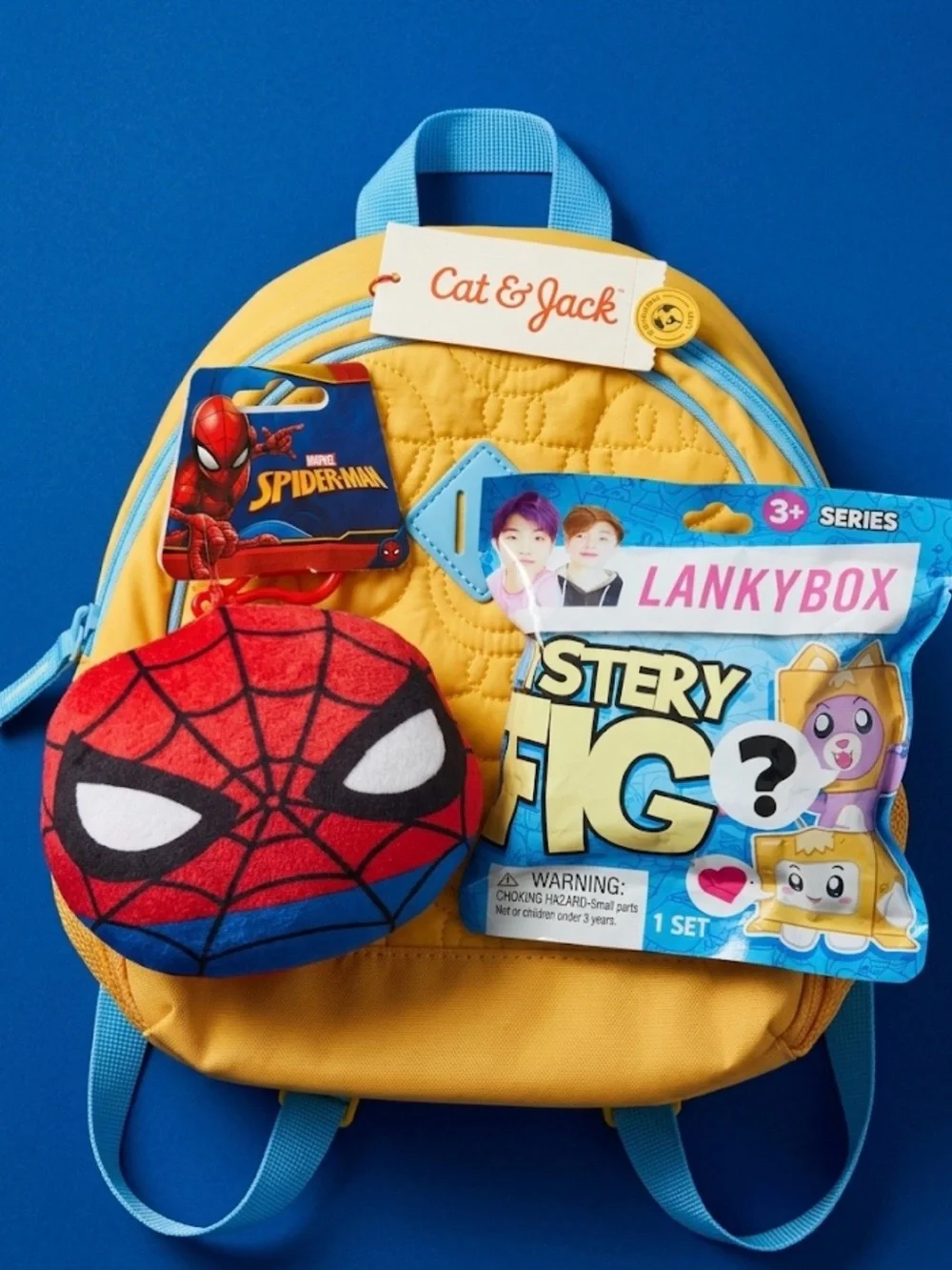 Cat & Jack Yellow and Light Blue Kids Backpack with Spider-Man Plush